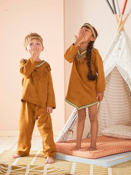 Fato de Índio Castanho vivo liso com motivo 