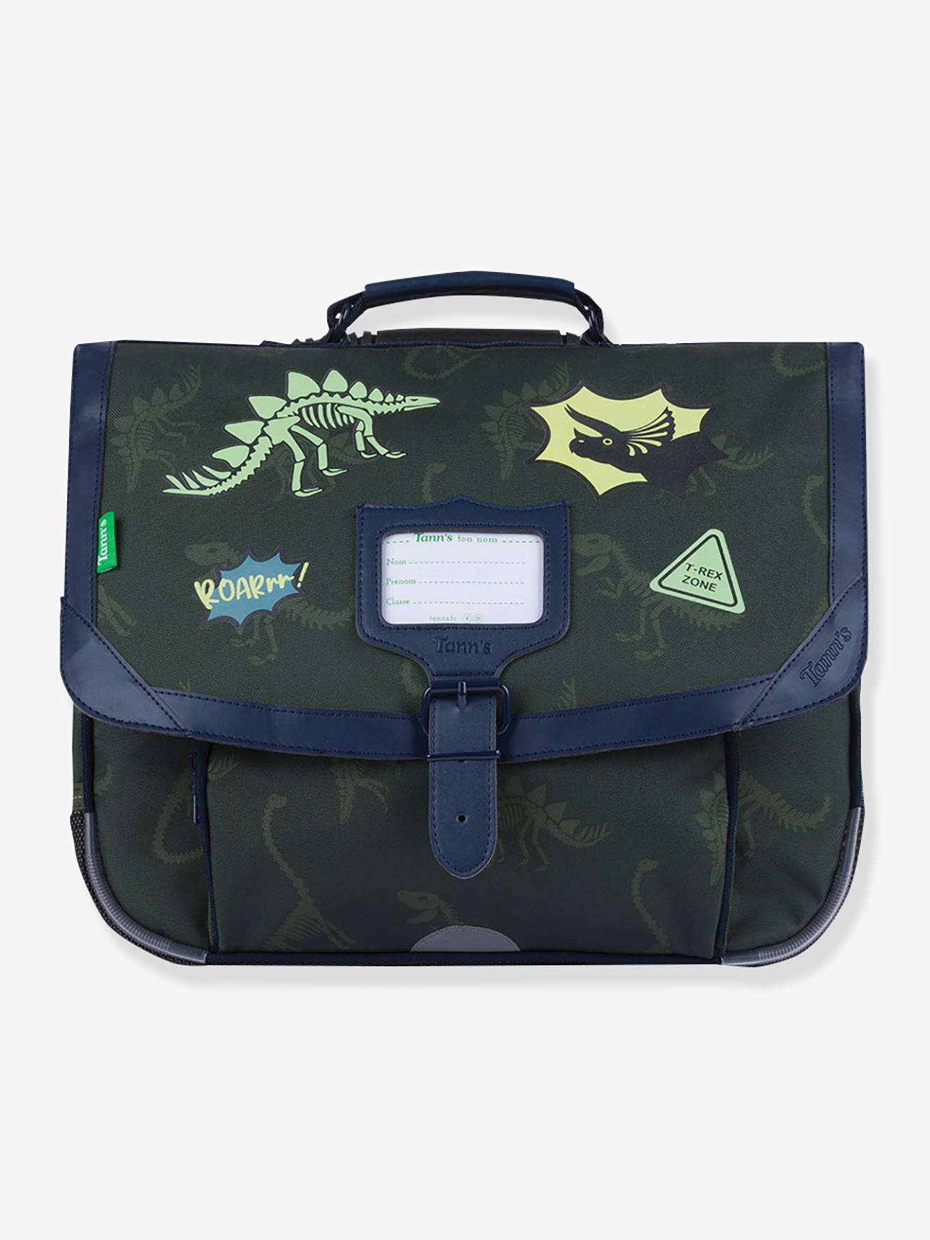 Mochila tipo pasta dinossauros Timothée Les Fantaisies Tann's aplicações fosforescentes  caqui