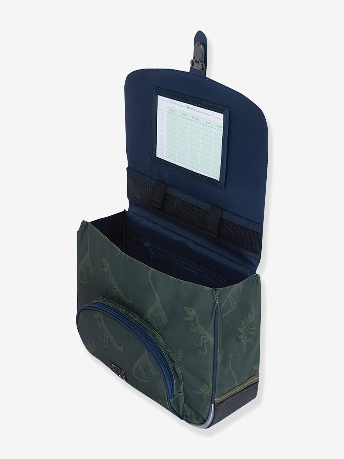 Mochila tipo pasta dinossauros Timothée Les Fantaisies Tann's aplicações fosforescentes  caqui