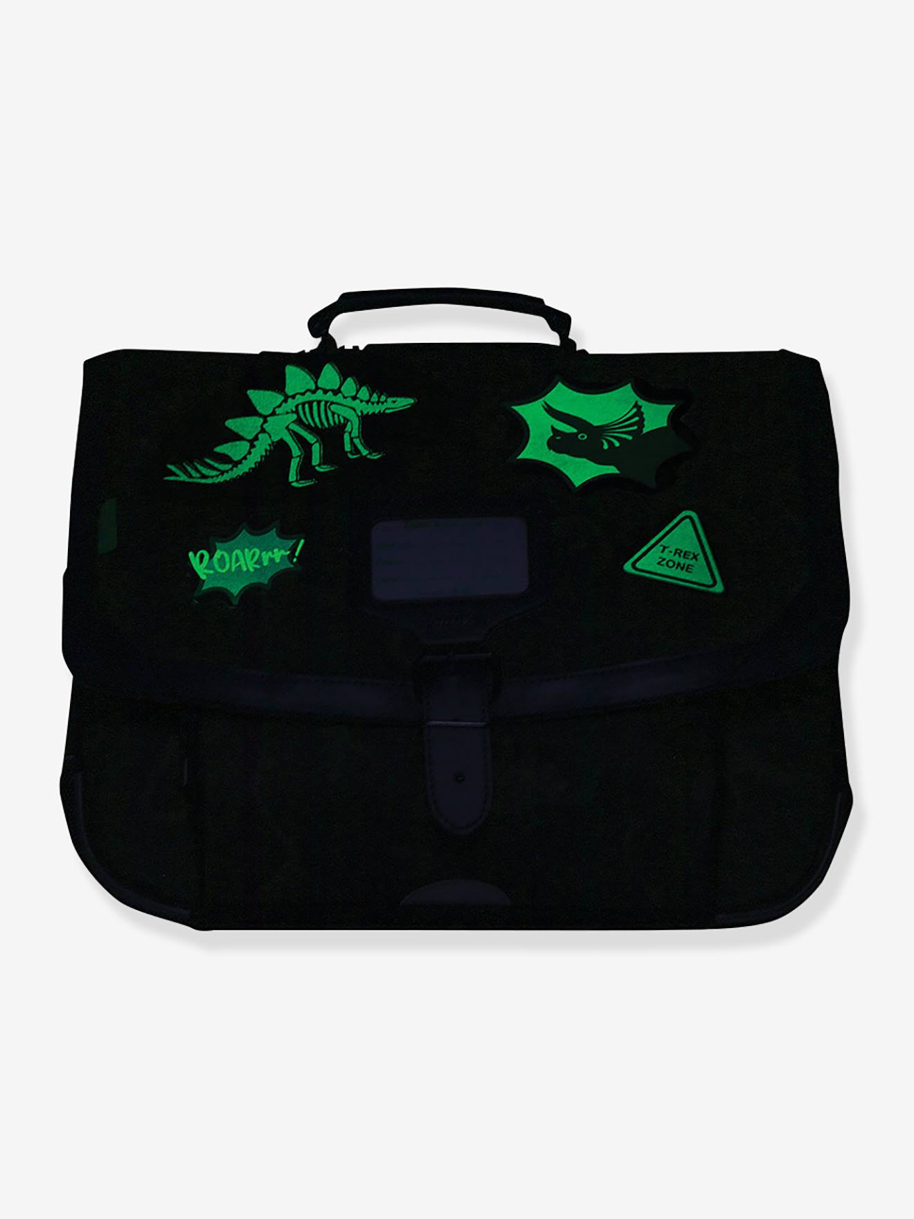 Mochila tipo pasta dinossauros Timothée Les Fantaisies Tann's aplicações fosforescentes  caqui