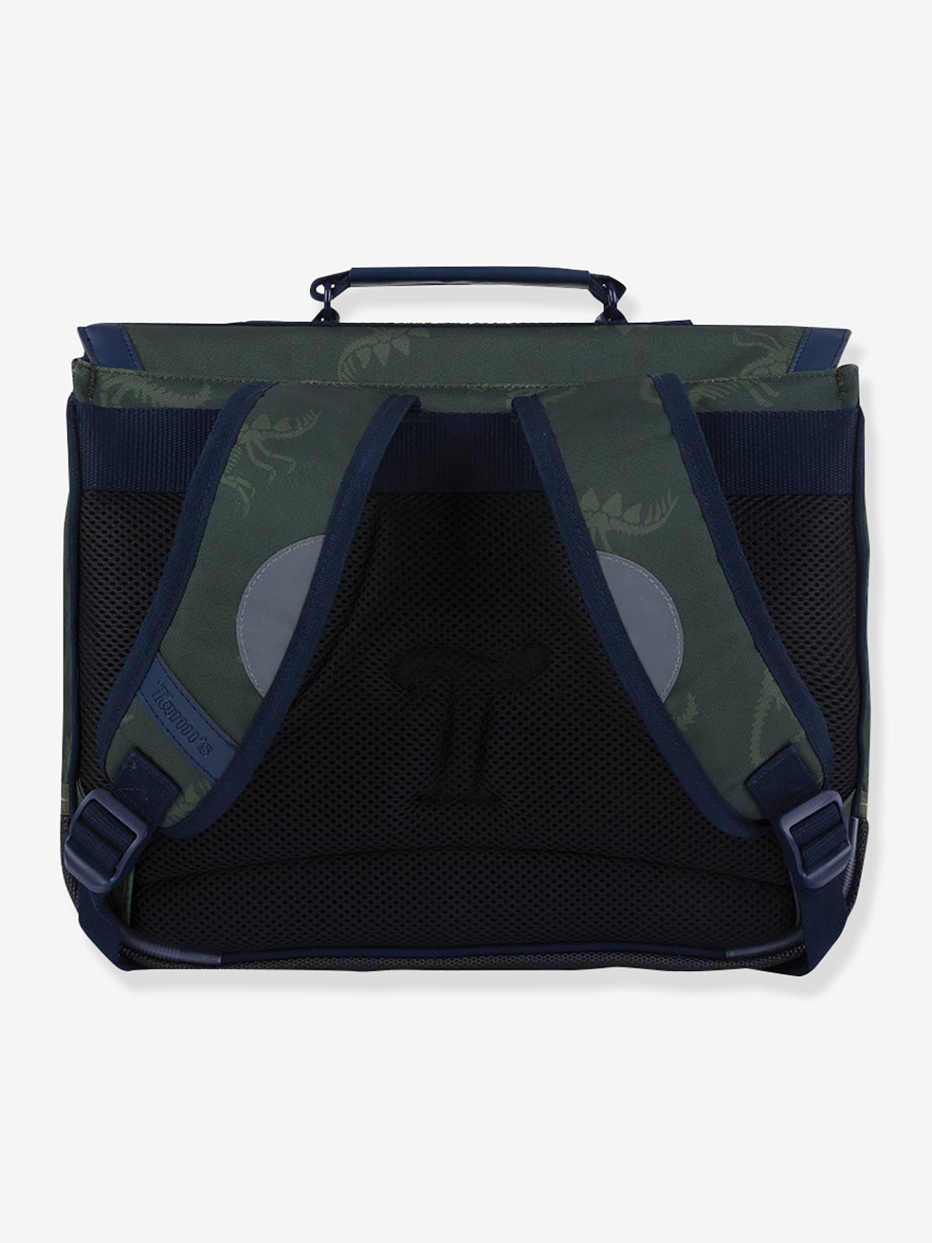 Mochila tipo pasta dinossauros Timothée Les Fantaisies Tann's aplicações fosforescentes  caqui