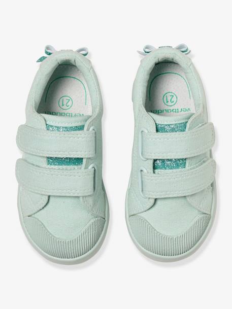 Sapatilhas com barras autoaderentes, em tecido, para bebé menina AMARELO CLARO LISO COM MOTIVO+AZUL MEDIO ESTAMPADO+VERDE CLARO LISO COM MOTIVO 