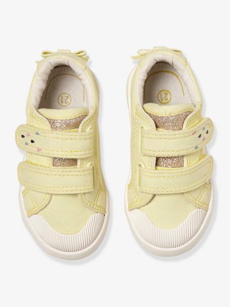 Sapatilhas com barras autoaderentes, em tecido, para bebé menina AMARELO CLARO LISO COM MOTIVO+AZUL MEDIO ESTAMPADO+VERDE CLARO LISO COM MOTIVO 