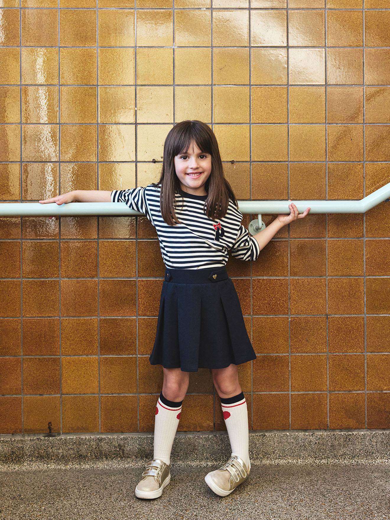 Saia plissada, em malha piqué, para menina-Menina 2-14 anos