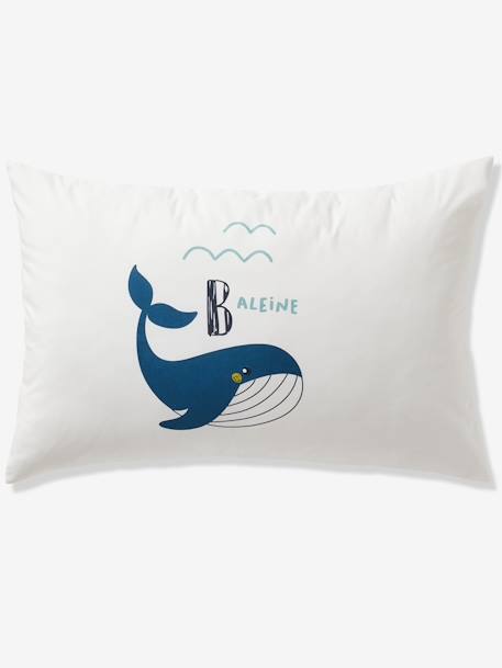 Conjunto capa de edredon + fronha de almofada para criança, tema Abecedário de animais marinhos Branco claro liso com motivo 
