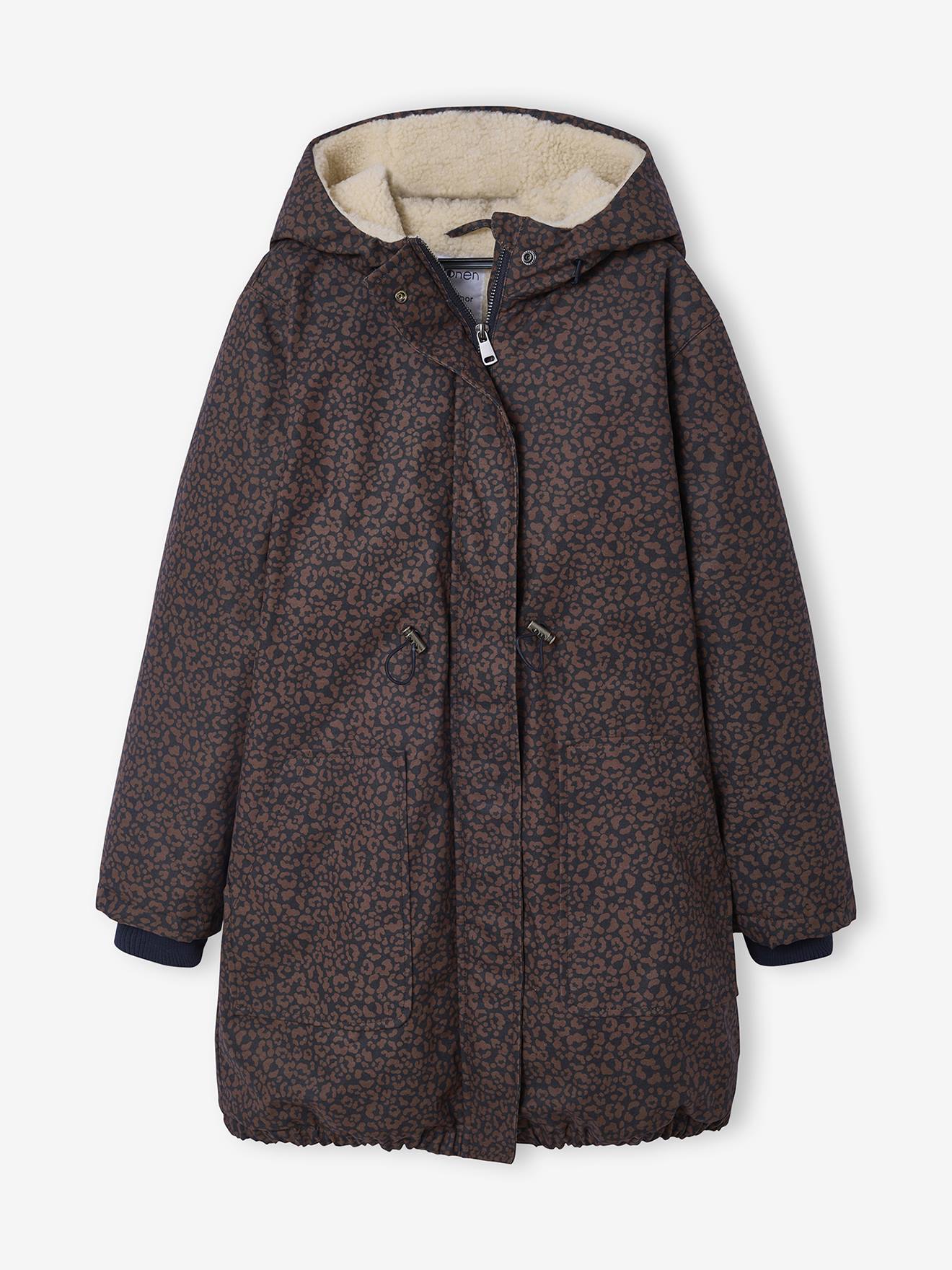 Parka estampada com padrão leopardo para menina JONEN, com forro sherpa.  marinho