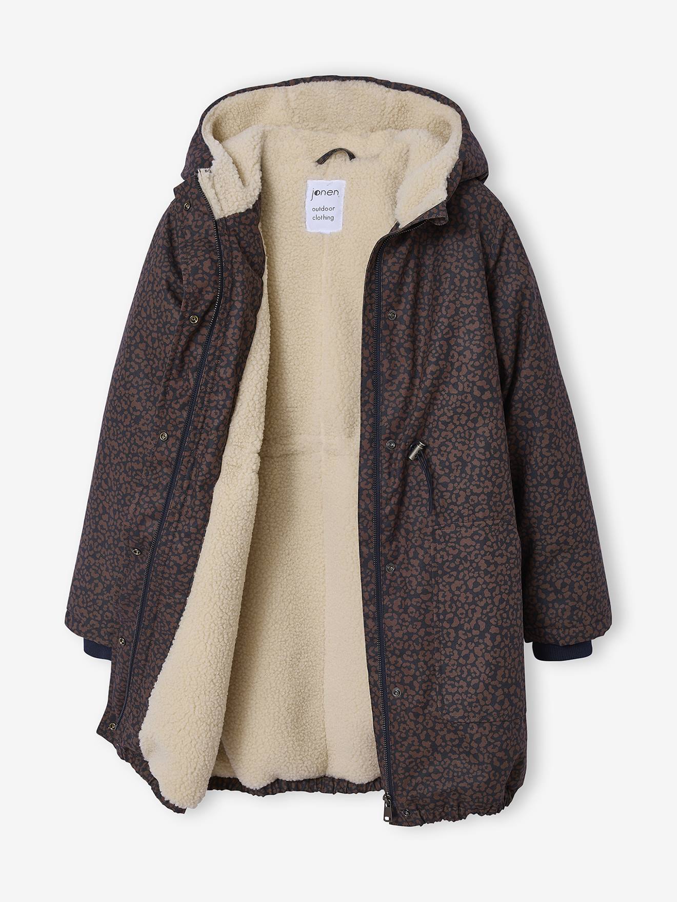Parka estampada com padrão leopardo para menina JONEN, com forro sherpa.  marinho