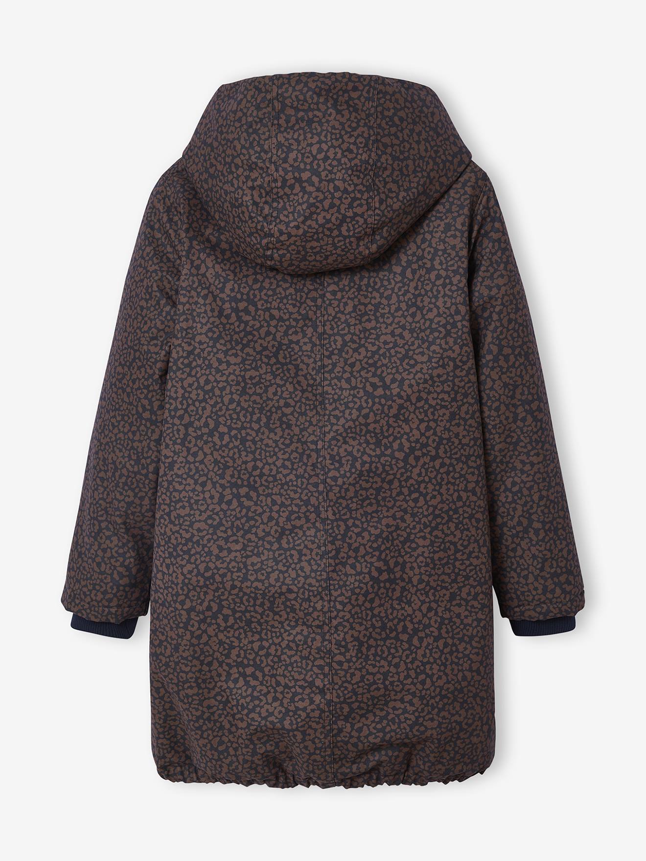 Parka estampada com padrão leopardo para menina JONEN, com forro sherpa.  marinho