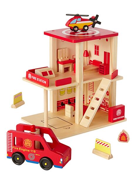 Quartel de bombeiros em madeira e acessórios Vermelho medio liso com motivo 