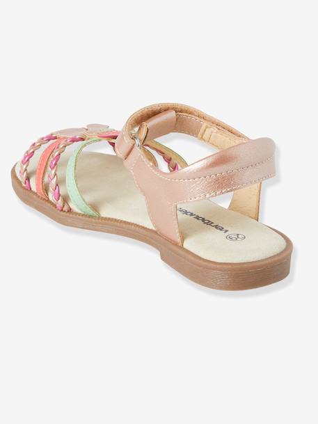 Sandálias com barra autoaderente, para menina, coleção autonomia BEGE CLARO LISO COM MOTIVO+ROSA MEDIO METALIZADO 