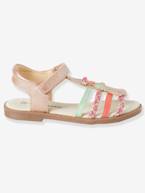 Sandálias com barra autoaderente, para menina, coleção autonomia BEGE CLARO LISO COM MOTIVO+ROSA MEDIO METALIZADO 