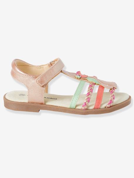 Sandálias com barra autoaderente, para menina, coleção autonomia BEGE CLARO LISO COM MOTIVO+ROSA MEDIO METALIZADO 