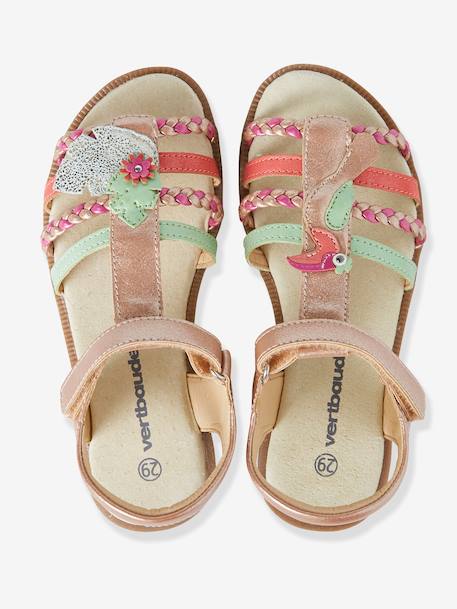 Sandálias com barra autoaderente, para menina, coleção autonomia BEGE CLARO LISO COM MOTIVO+ROSA MEDIO METALIZADO 