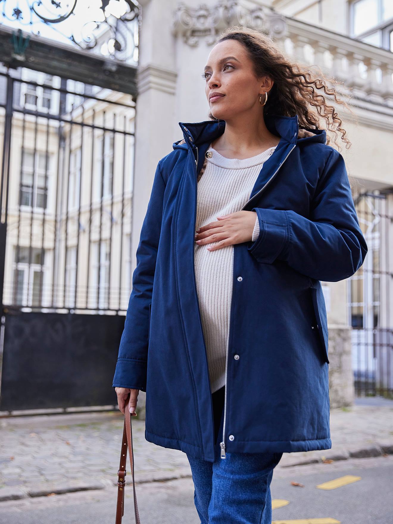 Parka evolutiva e porta-bebé forrado com pelo imitação leopardo ENVIE DE FRAISE, para gravidez  marinho