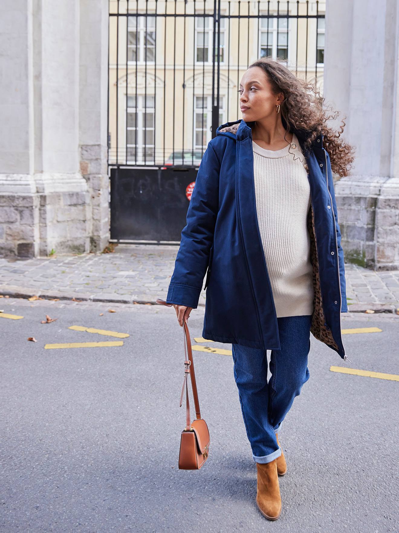 Parka evolutiva e porta-bebé forrado com pelo imitação leopardo ENVIE DE FRAISE, para gravidez  marinho
