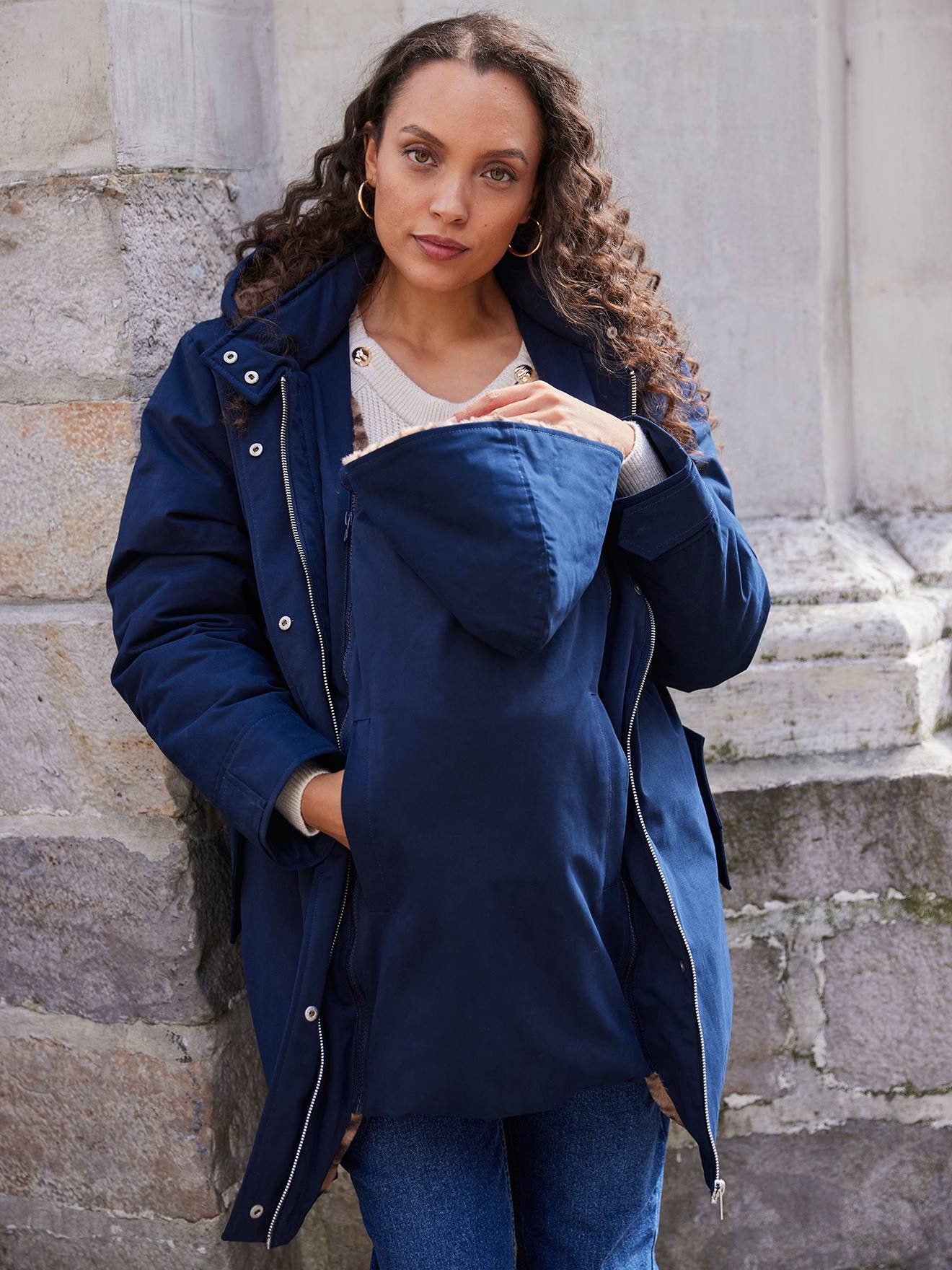 Parka evolutiva e porta-bebé forrado com pelo imitação leopardo ENVIE DE FRAISE, para gravidez  marinho