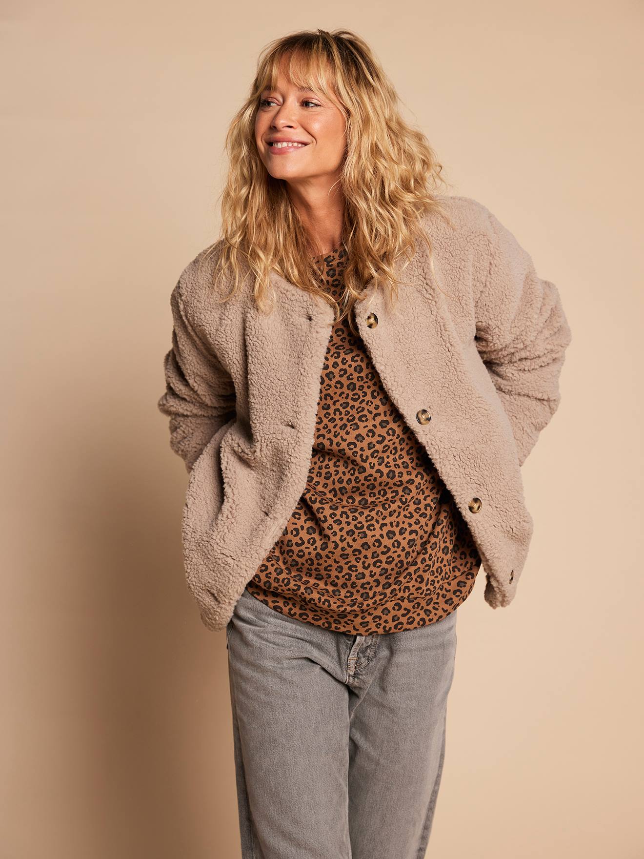 Casaco em sherpa com forro de leopardo, coleção cápsula mãe-filha ENVIE DE FRAISE, para mulher  toupeira